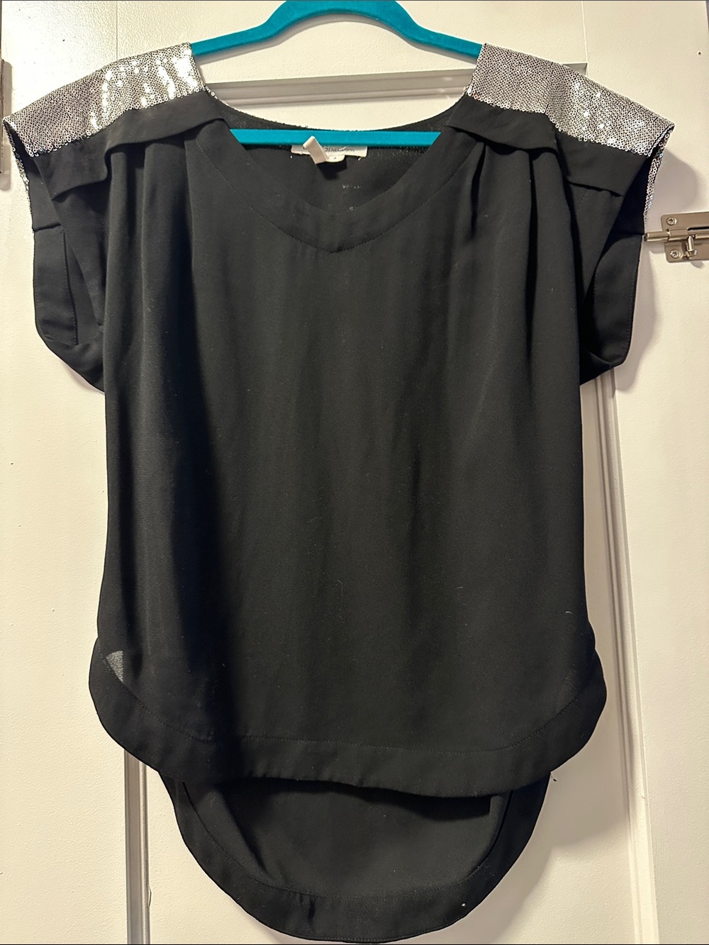 BCBGeneration Black Blouse with Silver Sequin Shoulders